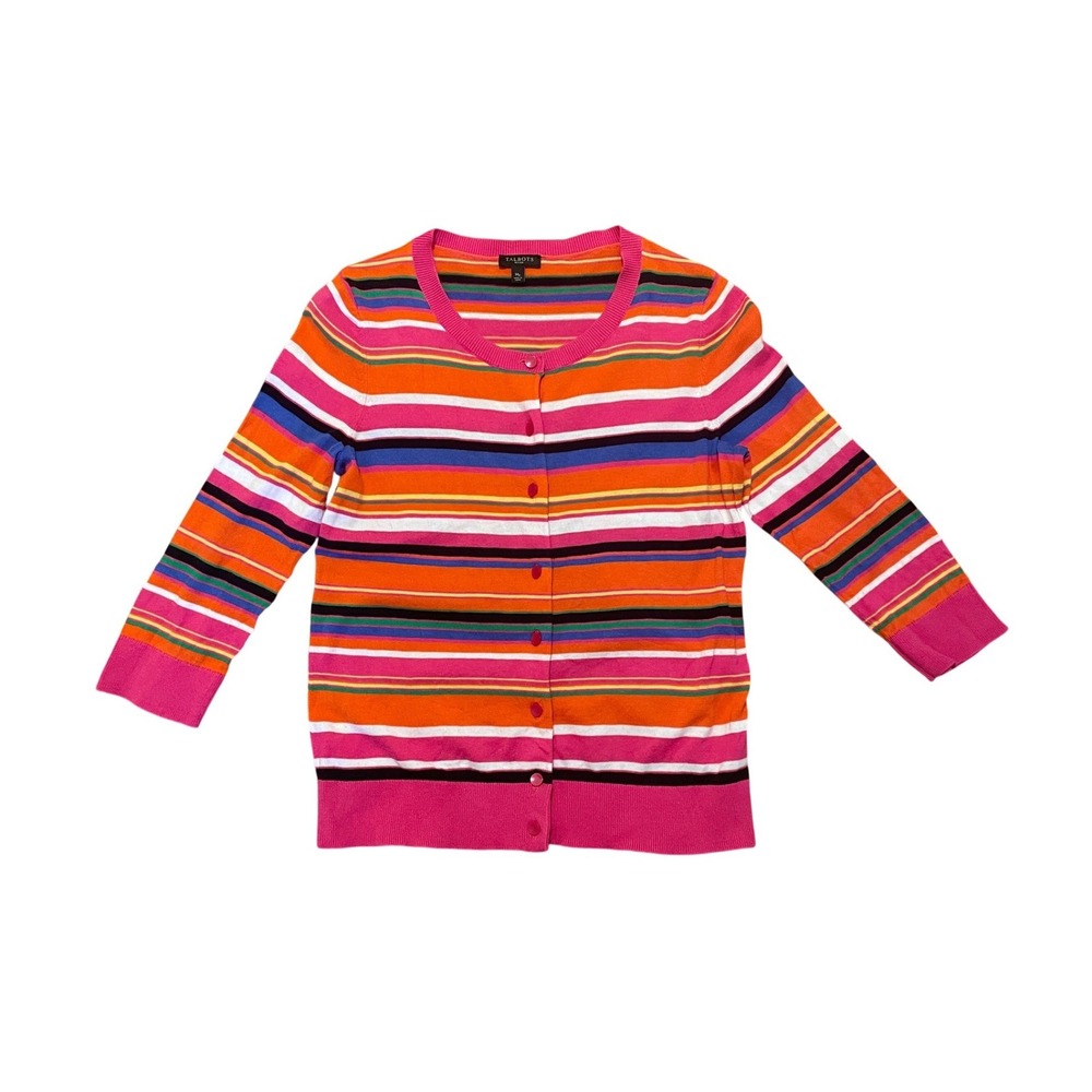 Talbots Cardigan Cotton Blend‎ Pink Orange Multi Color Striped Size MP